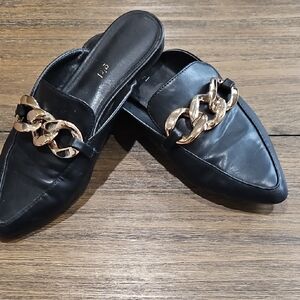 Madden Girl Black Mules with Gold Chain Accent